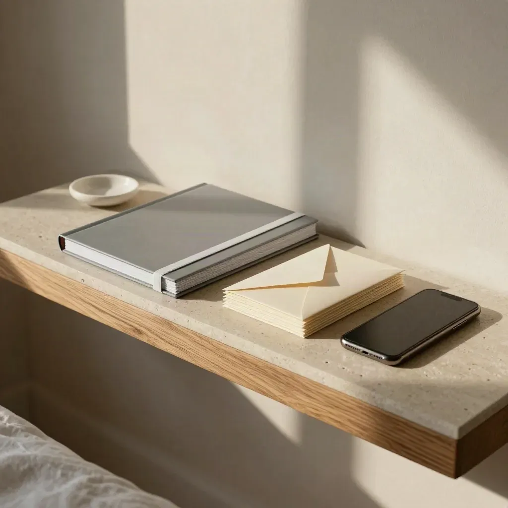Mensola letto ordinata con cartella sottile, buste crema e telefono chiuso nella luce dell’alba.