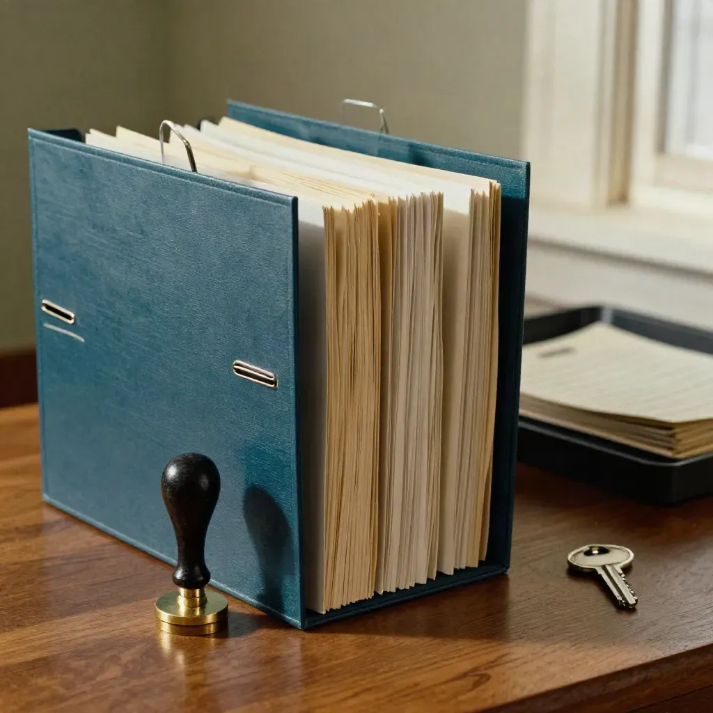 Cartelle archivio, timbro e fascicoli chiusi su legno caldo, con accento teal.